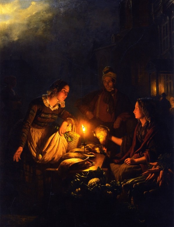 An evening at the market by Petrus van Schendel